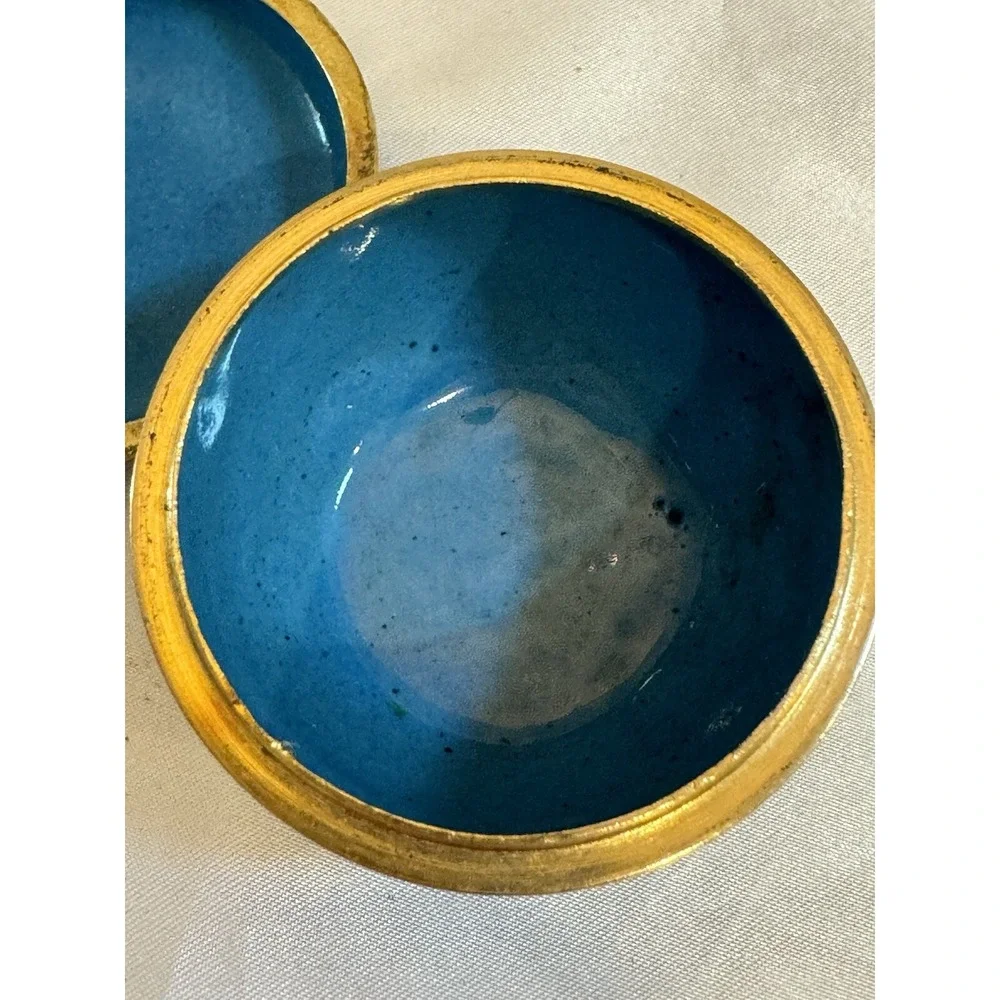 Vintage Bird Deer Cloisonné Blue Enamel On Brass Trinket or Pill Box Round